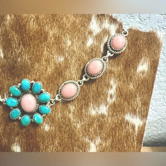 NWT Sterling Silver Pink Opal and Kingman Turquoise Bracelet - Picture 13 of 14